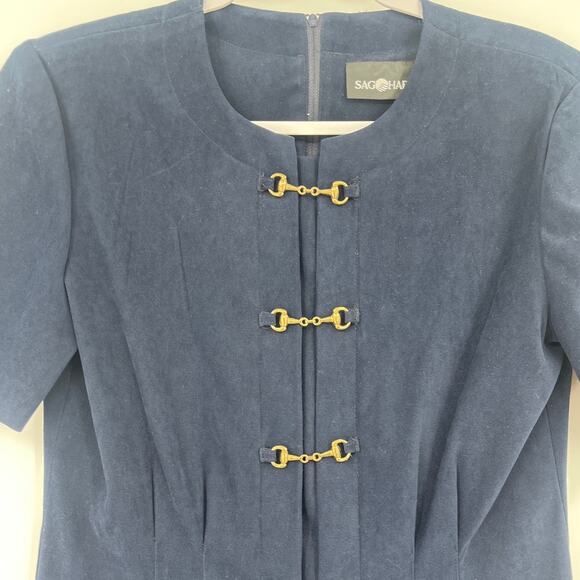Vtg 90s Sag Harbor Horsebit Sheath Dres 8 Equestrian Old Money Preppy Chic Navy - Picture 2 of 12